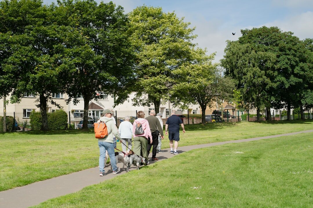 group of seniors walking in park